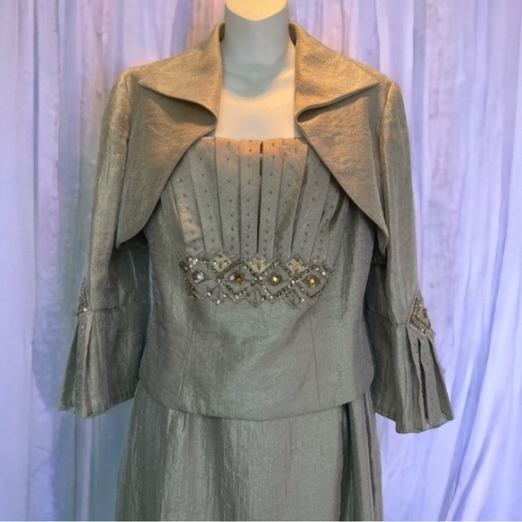 Vintage David’s Bridal Formal Mother of Bride Two Piece Long Dress Taupe Jeweled - Picture 2 of 10